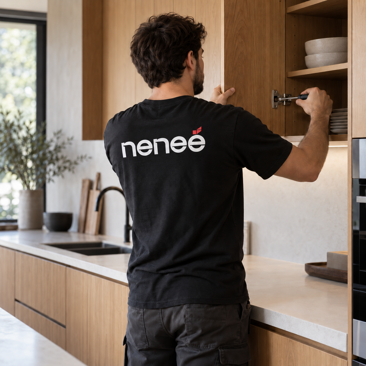 instalador-estudio-nenee Escena ilustrativa de un instalador ajustando un mueble, con el logo de Estudio Neneé en su remera.